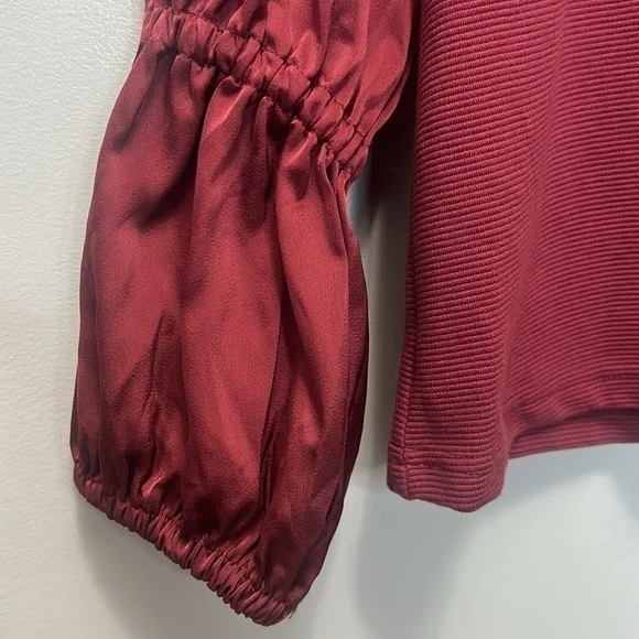 "NWT"Maeve | Anthropologie Burgundy Tiered Satin Sleeve Ribbed Knit Blouse -Sz.S - Picture 9 of 12